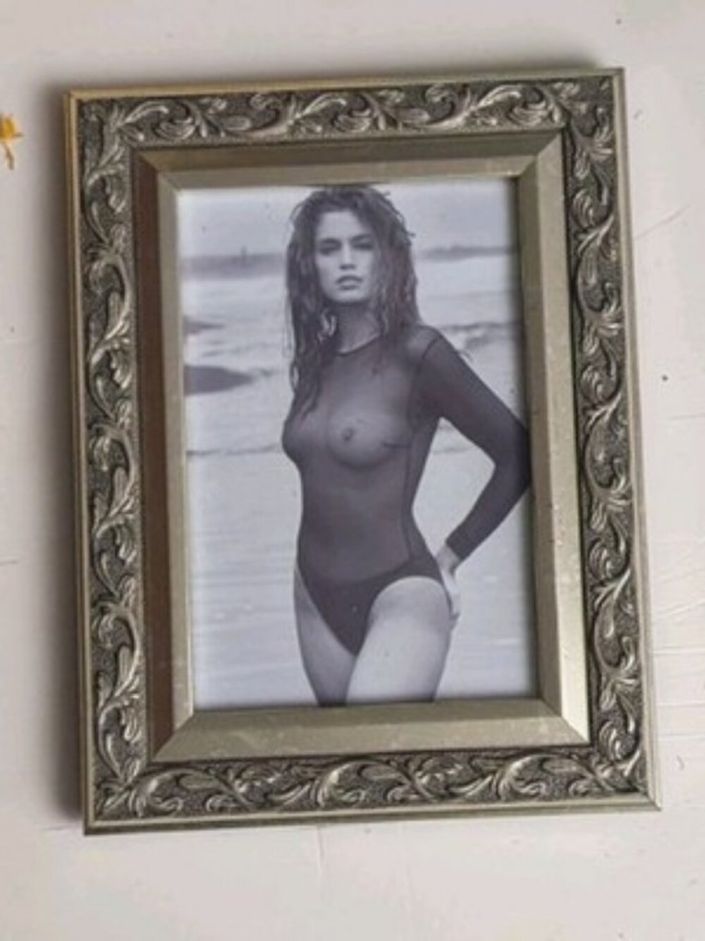Vintage Cindy Crawford Framed Photo Black & White Sheer Swimsuit Beach Bikini